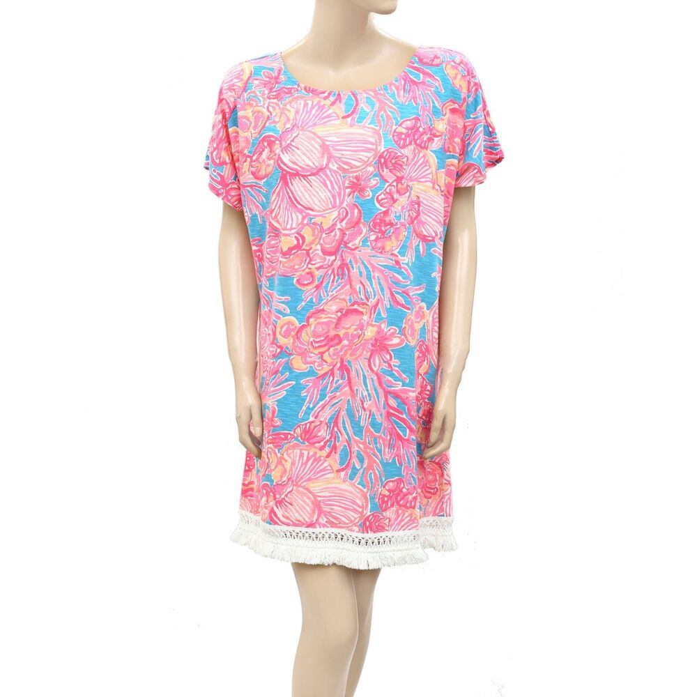 Lilly Pulitzer Tilla Tunic Mini Dress Printed Kimono Lace Fringes Beach S 254015